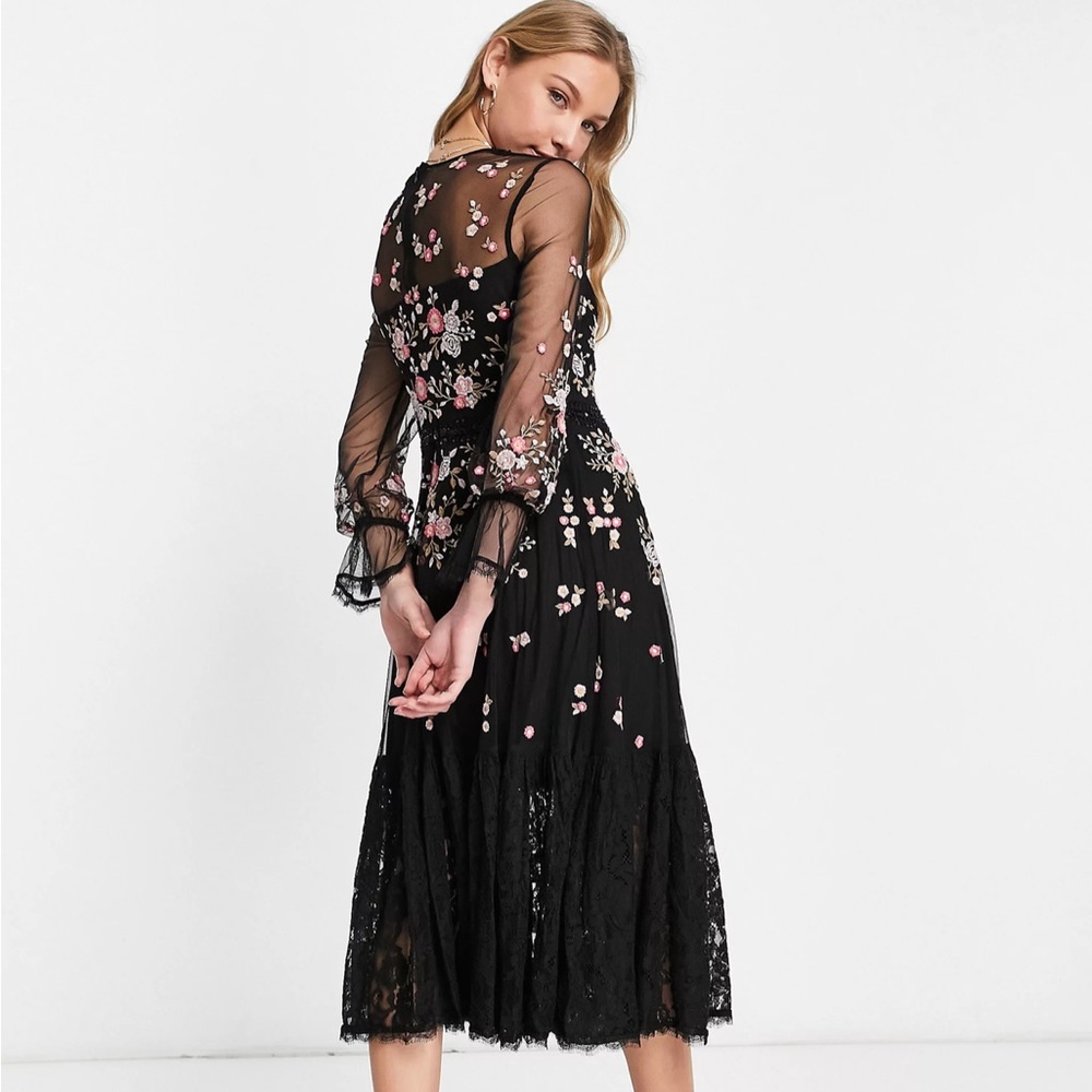 French Connection Eve midi dress with embroidery and mesh detailing in black - Picture 2 of 11